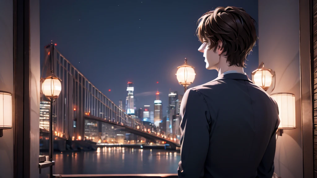 1 Boy, medium light brown hair, light blue eyes, wearing black suit, night city, 18+ , high res, ultrasharp, 8K, masterpiece, looking from behind