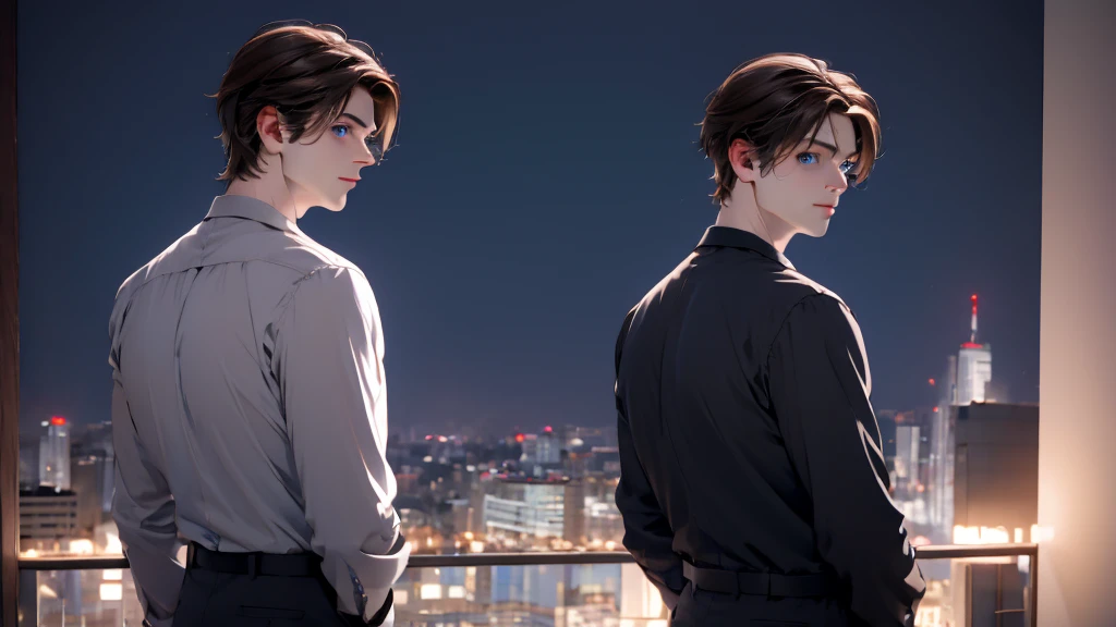1 Boy, medium light brown hair, light blue eyes, wearing black suit, night city, 18+ , high res, ultrasharp, 8K, masterpiece, looking from behind