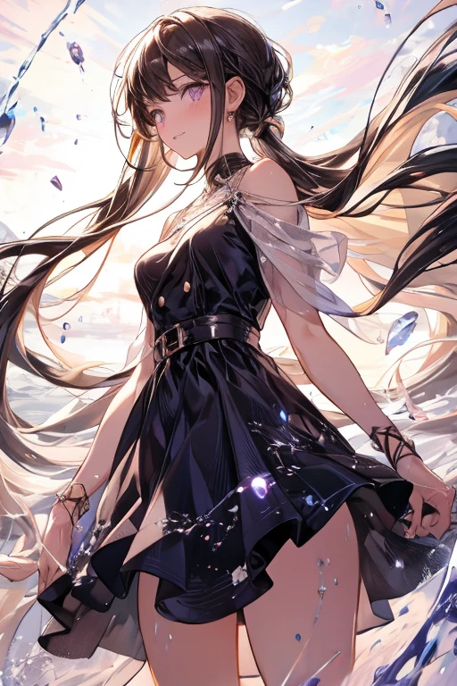 absurdres, RAW photo, extremely delicate and beautiful, masterpiece, Best Quality, ultra high resolution, 32k, hyperrealistic, ultra-detailed, perfect anatomy, anatomically correct, perfect figure, Perfect Style, Perfect balance, super Detailed skin, in her 30s, very Slim body, narrow waist, very small head, very small face, delicate facial features, handsome detailed woman, very detailed eyes and face, realistic face proportions, Realistic beautiful face, Realistic beautiful eyes, tearful mole, earring, medium tits, full body shot, medium hair, asymmetrical hair, outdoor, (school_uniform:1.2), short skirt,