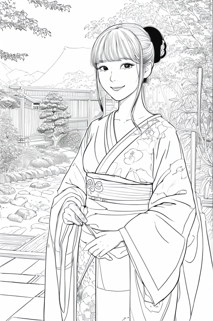 Please create a realistic ukiyo-e illustration of a cute, smiling woman in a kimono that conveys Japanese culture in various poses with (a Japanese garden in the background:1.5), using a simple black and white coloring book that even children can do. The illustration is a illustration with detailed facial features and cartoon-style visuals, (high contrast, sketch, monochrome, clean line drawings for coloring book:1.5)