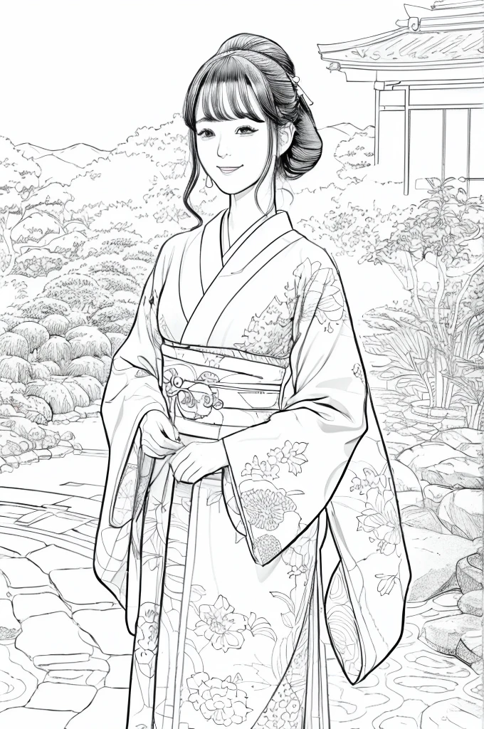 Please create a realistic ukiyo-e illustration of a cute, smiling woman in a kimono that conveys Japanese culture in various poses with (a Japanese garden in the background:1.5), using a simple black and white coloring book that even children can do. The illustration is a illustration with detailed facial features and cartoon-style visuals, (high contrast, sketch, monochrome, clean line drawings for coloring book:1.5)