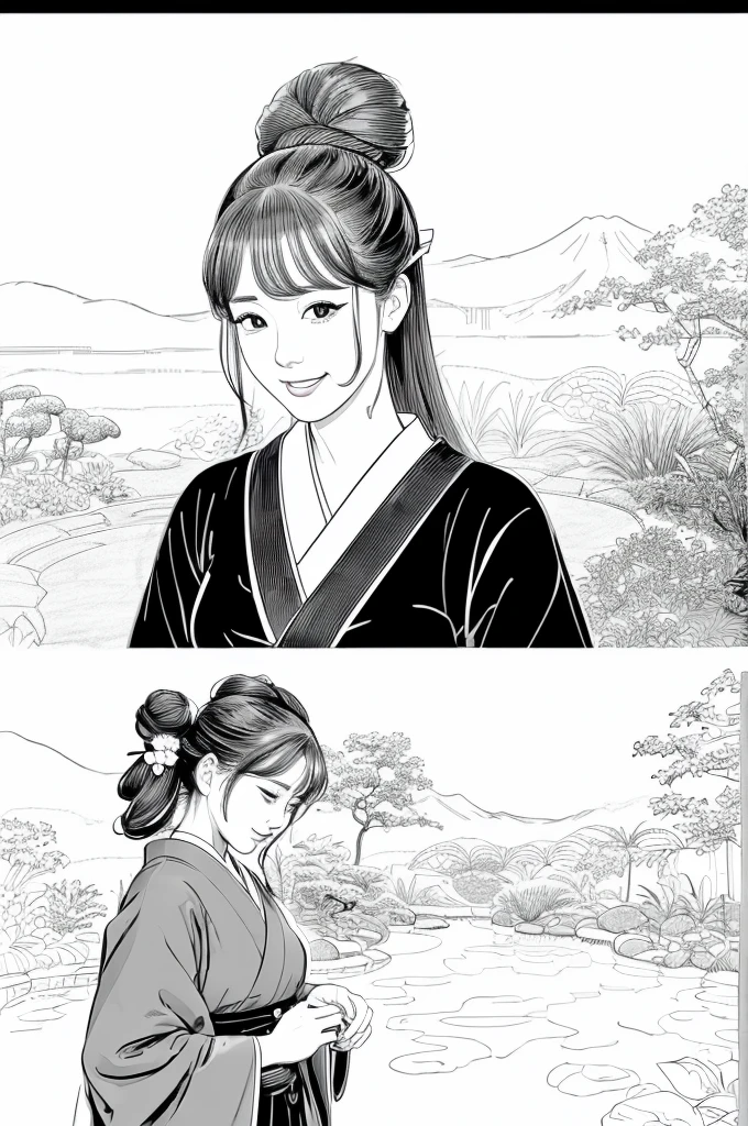 Please create a realistic ukiyo-e illustration of a cute, smiling woman in a kimono that conveys Japanese culture in various poses with (a Japanese garden in the background:1.5), using a simple black and white coloring book that even children can do. The illustration is a illustration with detailed facial features and cartoon-style visuals, (high contrast, sketch, monochrome, clean line drawings for coloring book:1.5)