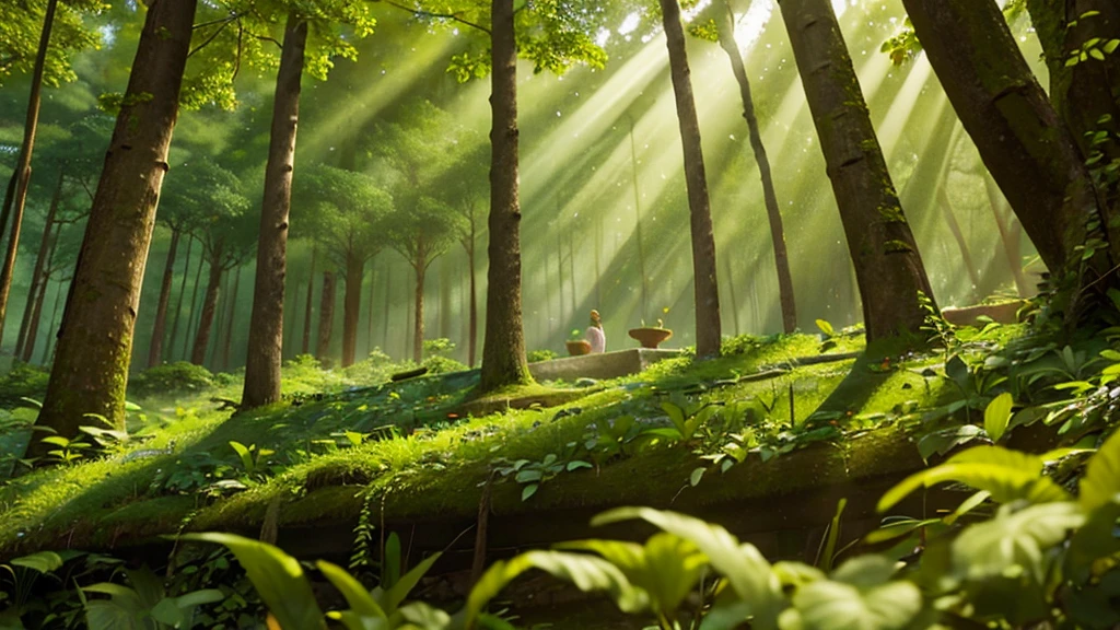 In the forest，Sunlight shines through the leaves。