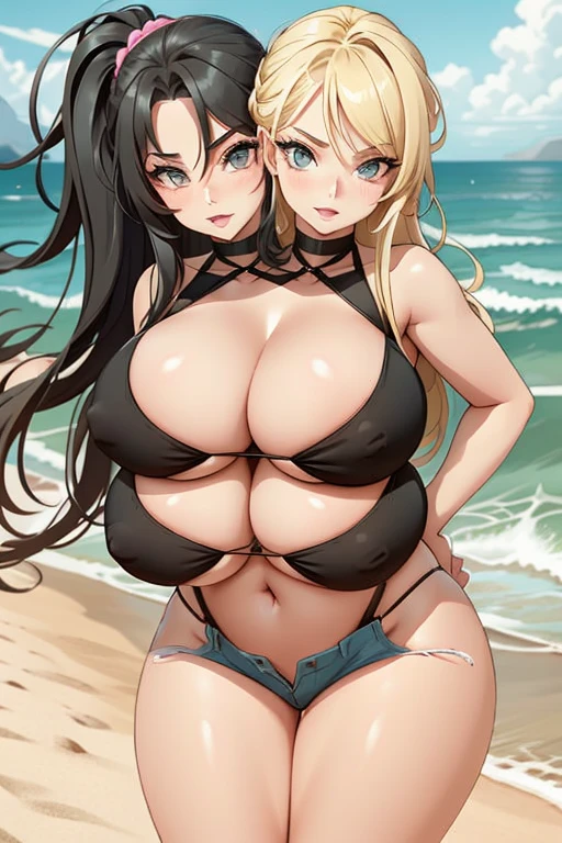 2heads, a tall chubby woman with 2 heads. She has four giant breasts. She is outside at a beach bar. She is wearing a flower bikini top and jean shorts. She has long blonde hair in a ponytail. She has four huge breasts. She is relaxed. She looks mature. She is extremely tall. She looks happy, seductive expression. She has two legs with thick thighs. She is wearing eyeliner. Bimbo.