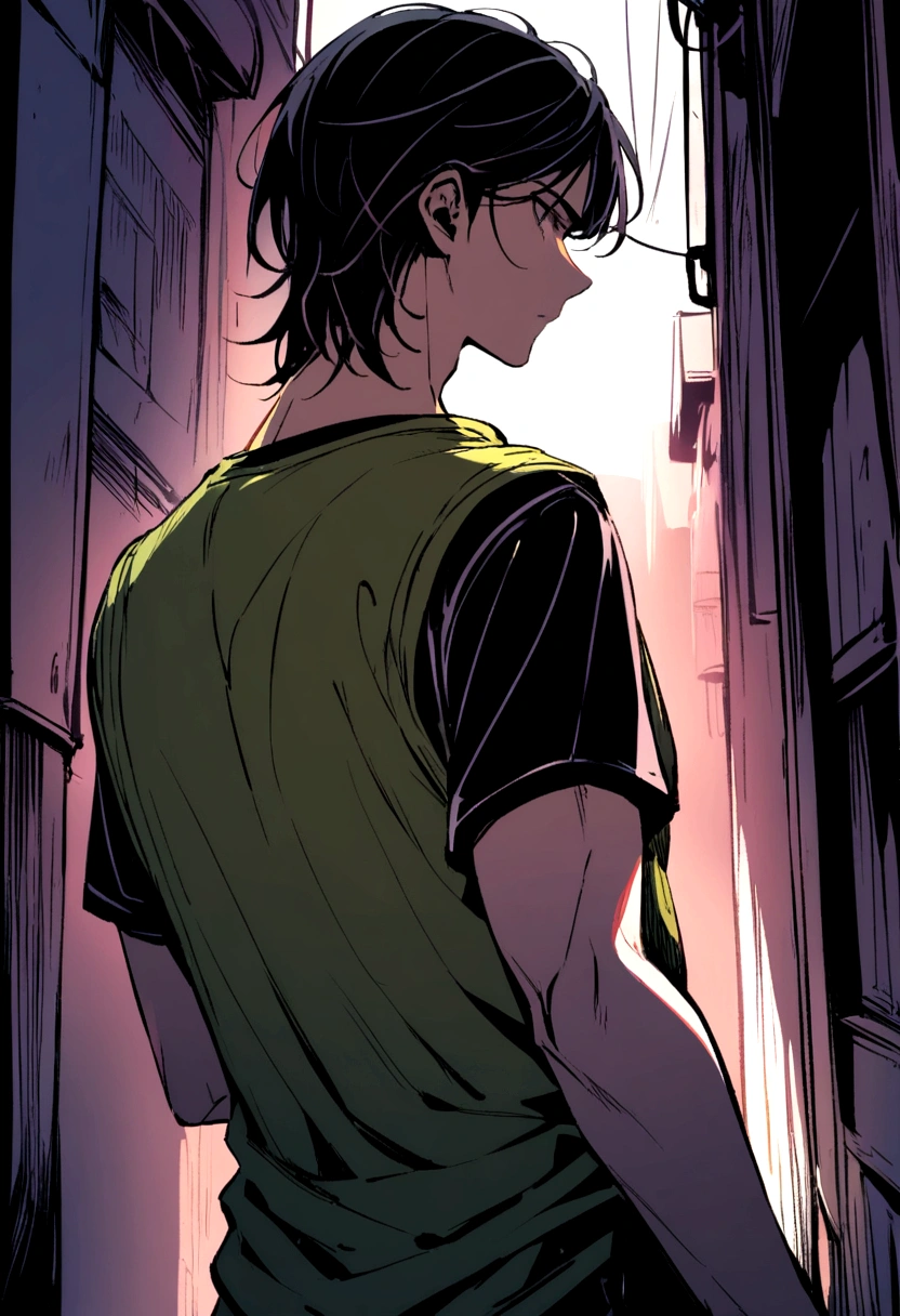 a man facing back, neck-length black hair, wearing a t-shirt and courier vest, against a dark alley