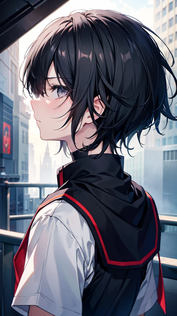 profile background, anime boy, serious face, black hair, grey eyes, student clothing, high-res portrait, detailed eyes and face, character, fantasy, advanced urban, looking from behind at viewer, 4K, high resolution