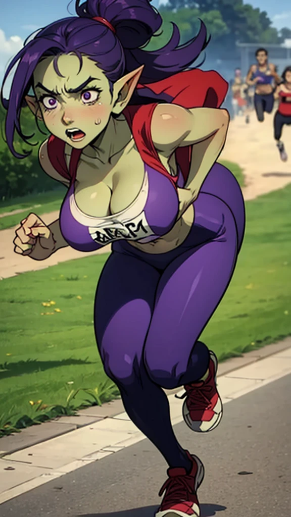 (1 woman alone) cavewoman attire, torn clothing, "female goblin" purple hair, large breasts, expression of shame, ((("running pose"))))) expression of fear 