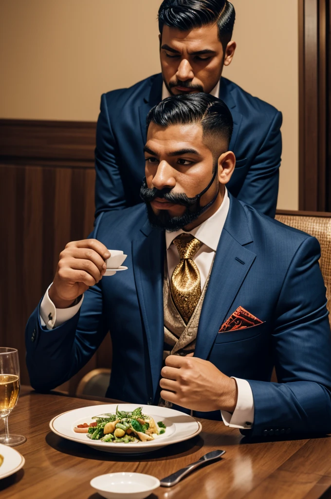 Illustration of a luchador wearing a fancy suit, sitting at a dinner table