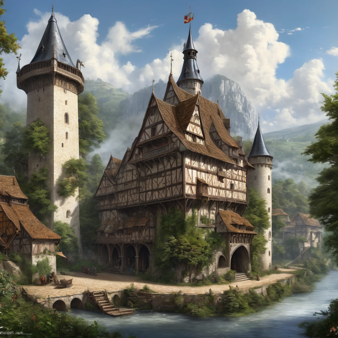 (best quality)), ((masterpiece)), ((realistic,digital art)), (super detailed), (grand échoppe d'ivoire), (medieval fantasy style)
