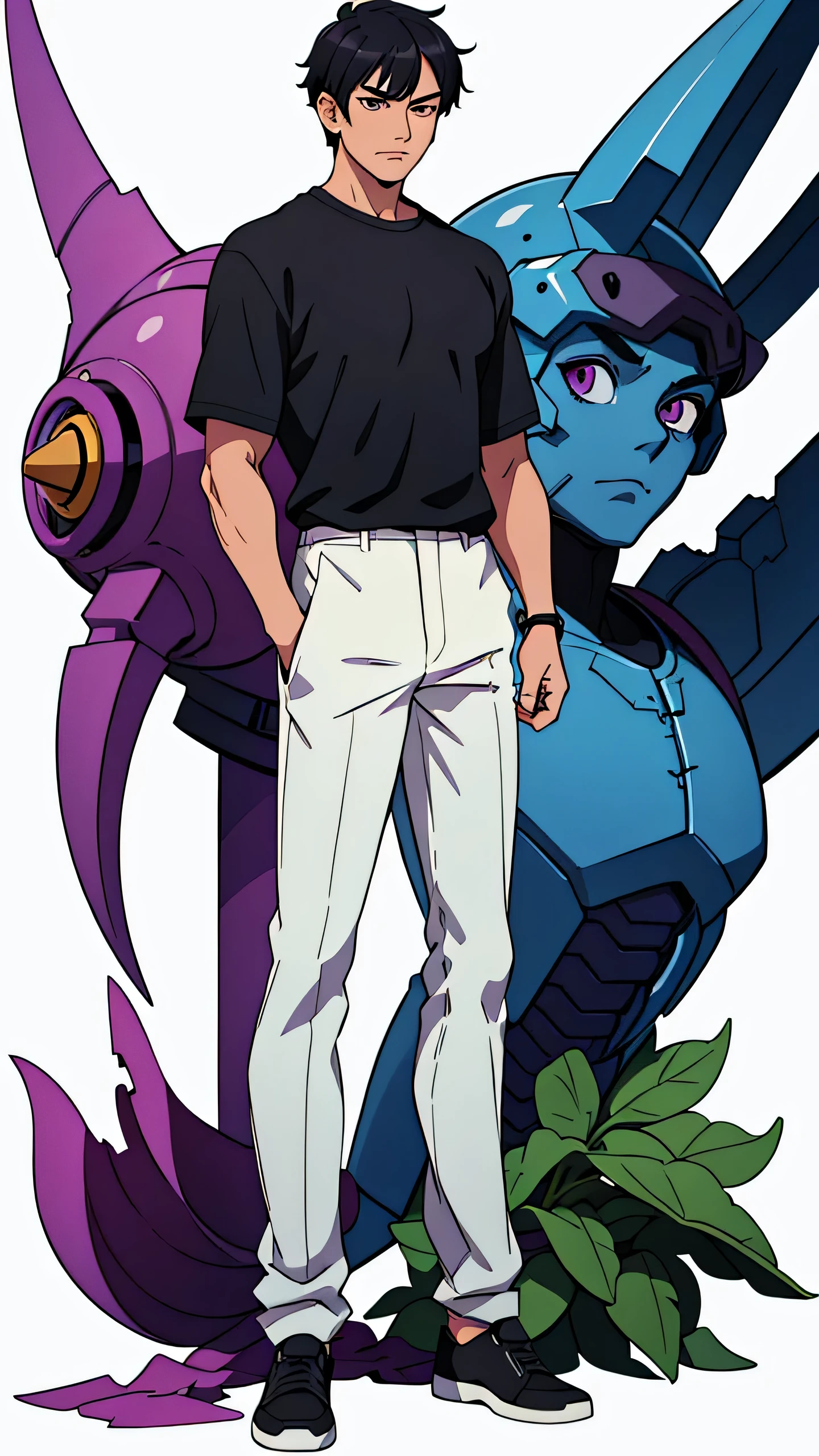 anime, anime style art, masterpiece, best quality, highres, 1 man, Baro Shoei blue lock, not looking straight, looking left, looking to the side, head looking left, head looking slightly left head looking left, head facing leftwards, looking left, normal clothing, black shirt, white pants, black hair, short hair, extremely short hair, ager, light background, full body, teen, colorful parts, bold, realistic mixing dark lines and loose lines, bold lines, on paper, human man, purple eyes, full body, imposing pose, very tall, standing, male, sharp chin, wide jaw, white background, purple eyes, muscular, strong, abs, broad shoulders, big shoulders front view, standing straight, full face, masculine, oval face, calm, humble, man, male, masculine, full body, clear face, detailed face, full body, 1 person, 1 entity, 1 human