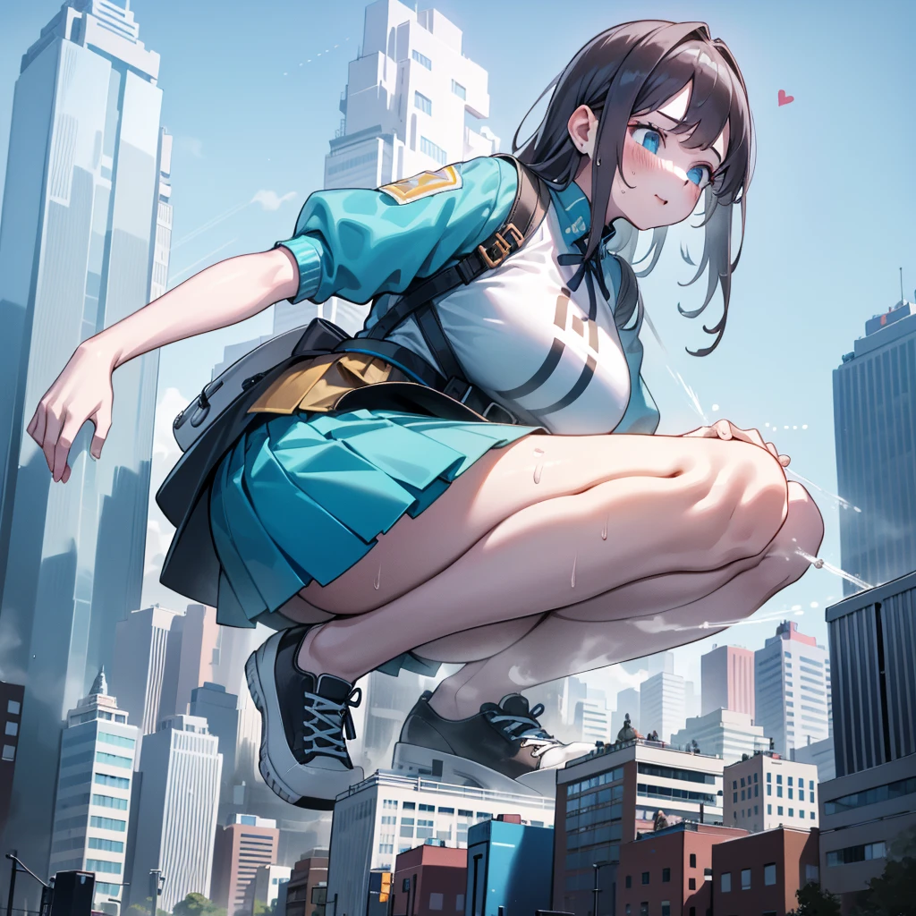 a girl squatting down in a modern miniature city, peeing forcefully, urine spraying out, blushing face, comfortable expression, giant woman 1000 meters tall towering over the city, crushing the city underfoot, wearing white sneakers, detailed clothing and body features, cute large breasts, short skirt, looking up, sweaty legs, sweaty feet, shoe details