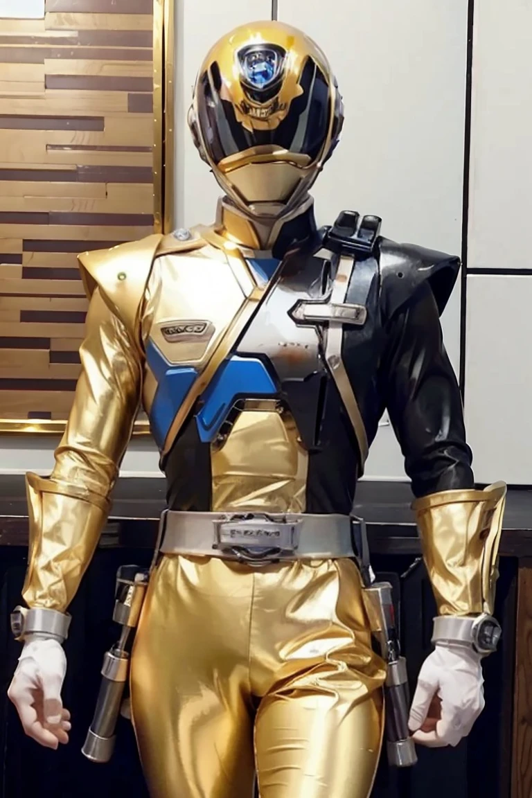 Fantasy background, cafe rpg style, empty chair, table, set of tea glass, (power rangers)), One guy、, ((gold ranger suit)), red and blue chest armor with gold details,   costume, Solo, ((fit figure)), (Anatomically correct), Cowboy shot, masked face, guns, muscular build