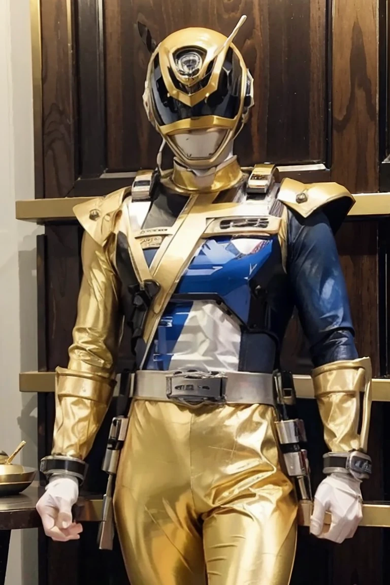 Fantasy background, cafe rpg style, empty chair, table, set of tea glass, (power rangers)), One guy、, ((gold ranger suit)), red and blue chest armor with gold details, costume, Solo, ((fit figure)), (Anatomically correct), Cowboy shot, masked face, guns, muscular build