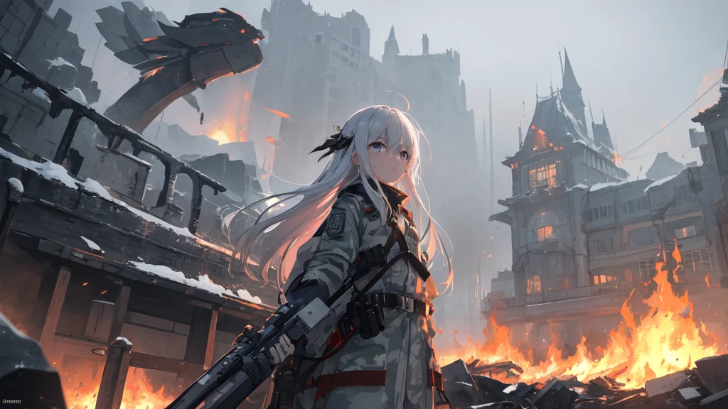 masterpiece:1.2), best quality , 独奏 ,pixiv, anime girl ，long straight white hair , black eyes ,Wearing off-white camouflage uniform ,，military fortress，(Eyes looking into the distance:1.3)，(look away:1.5)，snowy weather，dirty face，The background is a city in flames with blood on the forehead，dirty face，Backlight，Bare rocky peaks ,Fierce flames are burning，The expression is sad，Grit your teeth，The chariot is burning，Chinese modern city