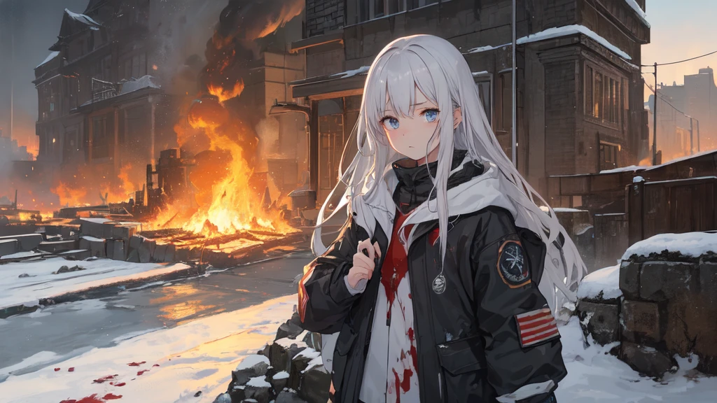 masterpiece:1.2), best quality , 独奏 ,pixiv, anime girl ,long straight white hair , black eyes ,Wearing off-white camouflage uniform ,ten years old,military fortress,(Eyes looking into the distance:1.3),(look away:1.5),snowy weather,dirty face,The background is a city in flames with blood on the forehead,dirty face,Backlight,Bare rocky peaks ,Fierce flames are burning,The expression is sad,Grit your teeth,The chariot is burning,Chinese modern city