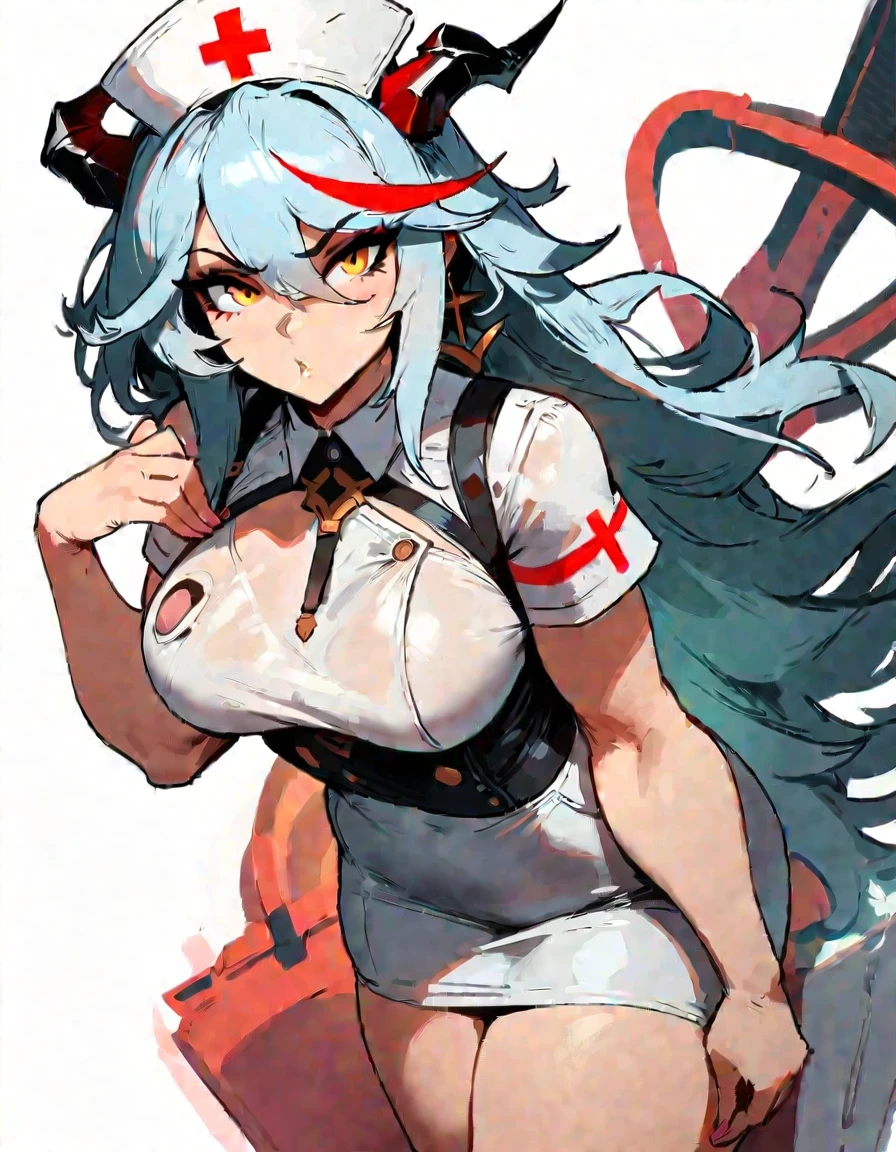 1girl, aegir \(azur lane\), azur lane \\\\\ masterpiece, best quality, very aesthetic, absurdres, newest \\\\\\ sportive body, \\\\\\ by nyantcha,,by cutesexyrobutts,by khyle ///// white hair with a single prominent red streak, black horns, yellow eyes, , white (nurse outfit:1.2), skirt, , white pencil skirt, nurse cap, , , a red cross on the cap, standing, (white background:1.2)