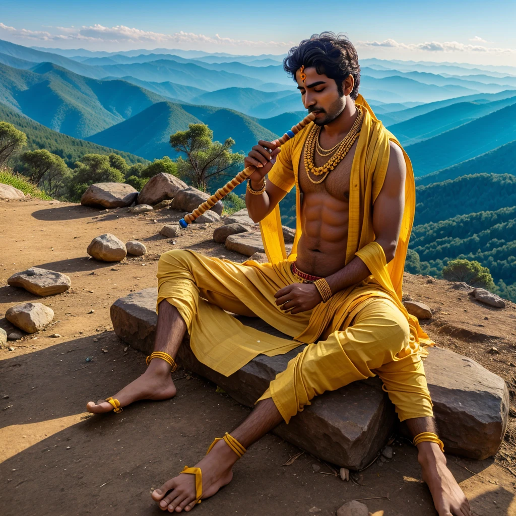 Load Krishna in yellow Dhoti playing flute on the mountain