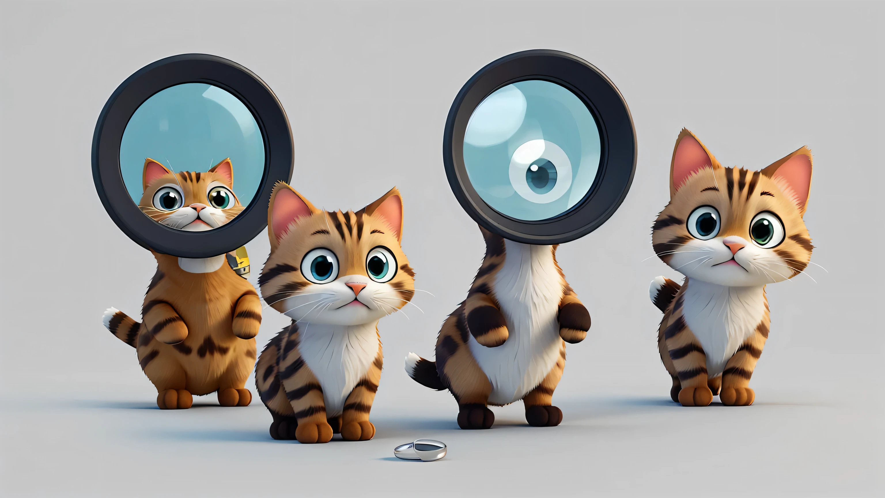 Create a cute cat, using a magnifying glass, in animated style looking at us 