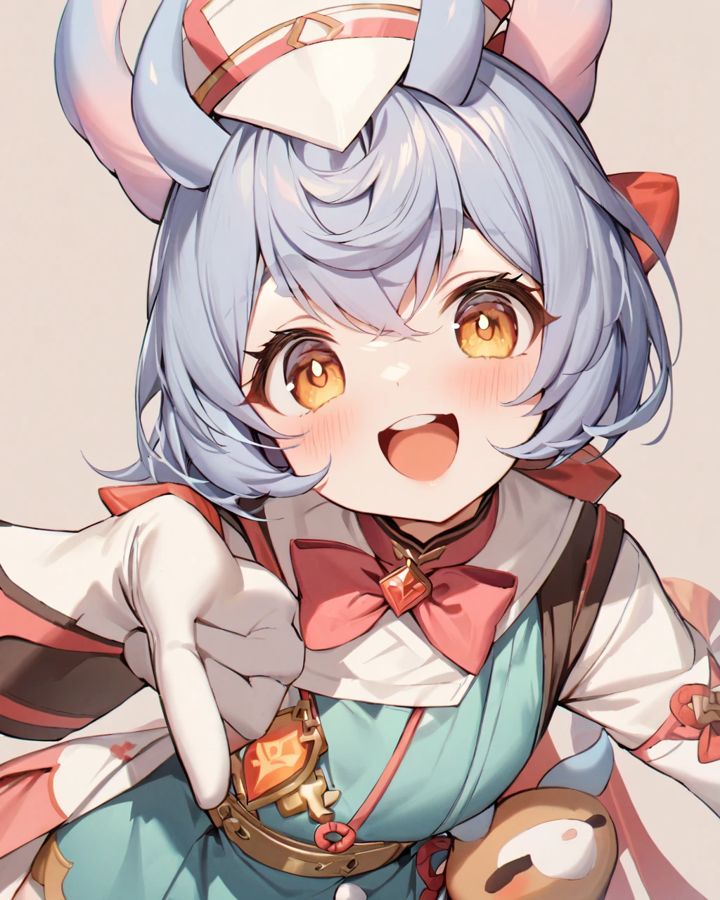 best quality, Xianglingi, masterpiece,two-sided_fabric,1girl,highres,smile,white_hat,nurse_cap,long_sleeves,pink_bowtie,two-sided_coat,gloves,open_mouth,blush,simple_background,looking_at_viewer,sigewinne_\(genshin_impact\),solo,aqua_dress,