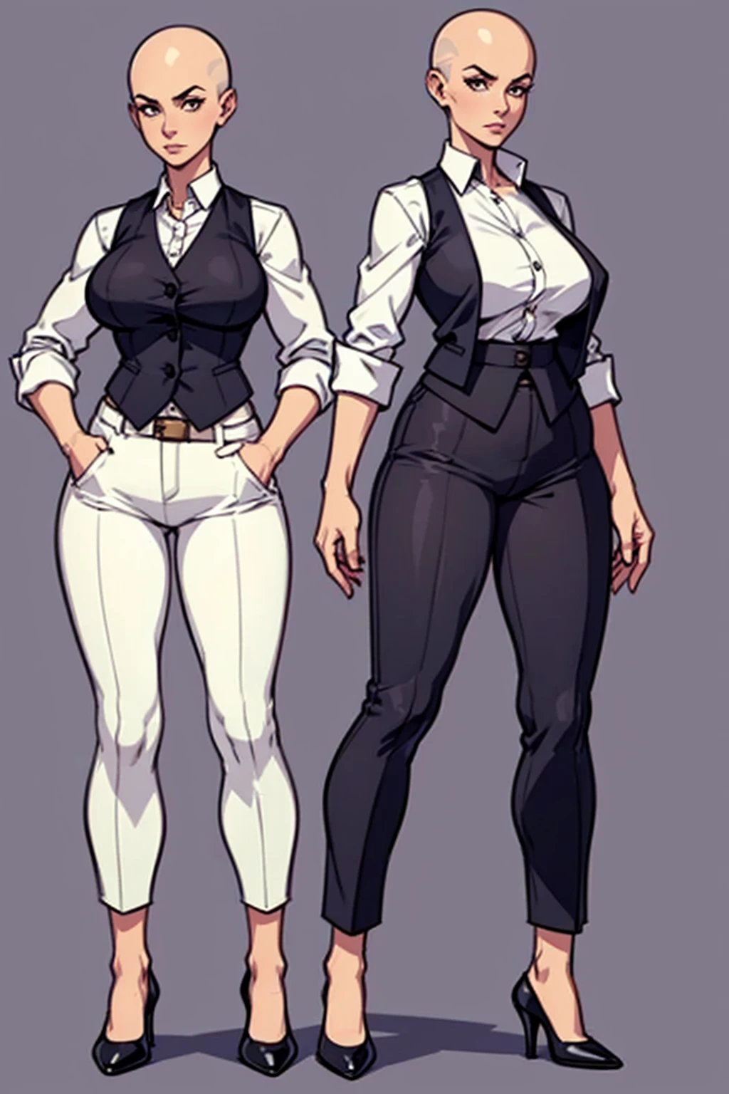 digital art, highly detailed, reference sheet, standing pose, feminine features, mature woman, adult female, whole body, bald, form-fitting, open neckline, vest, office shirt, pants, heeled shoes, 1woman, solo, upper body, lower body, ((Extremely Detailed)), ((Best Quality)), ((Masterpiece)), ((4k))