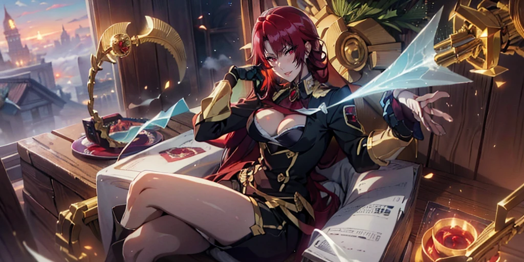 (long hair, red hair:1.3), braid, red eyes, anatomically correct, heavy breathing, mature female, breasts, 1girl, gloves, large_breasts, solo, cleavage, looking_at_viewer, crossed_legs, sitting, chain, black_gloves, cup, drinking_glass, jewelry, indoors, wine_glass water drop, reflective, (fog:1.3), fireflies, hollow eyes, bright pupils, red eyes, looking at viewer. glowing eyes heavy breathing, seductive smile, (steaming face:1.3), blush face, lips,