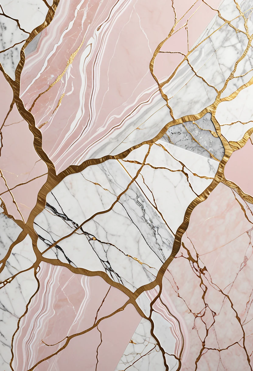 Patterns that imitate the texture of marble, giving a touch of luxury and sophistication. The design features pale pink marble with white and gold veins. The white and gold veins delicately intertwine against the pale pink background, creating a soft and elegant effect. The texture is refined and refined, capturing the natural beauty of marble. The neutral background highlights the soft tones and intricate details of the design, creating a look that exudes serenity and sophistication. This pattern is perfect for spaces seeking a delicate and elegant aesthetic, adding a touch of subtle luxury., Abstract expressionism, UHD, masterpiece, accurate, super detail, 16k
