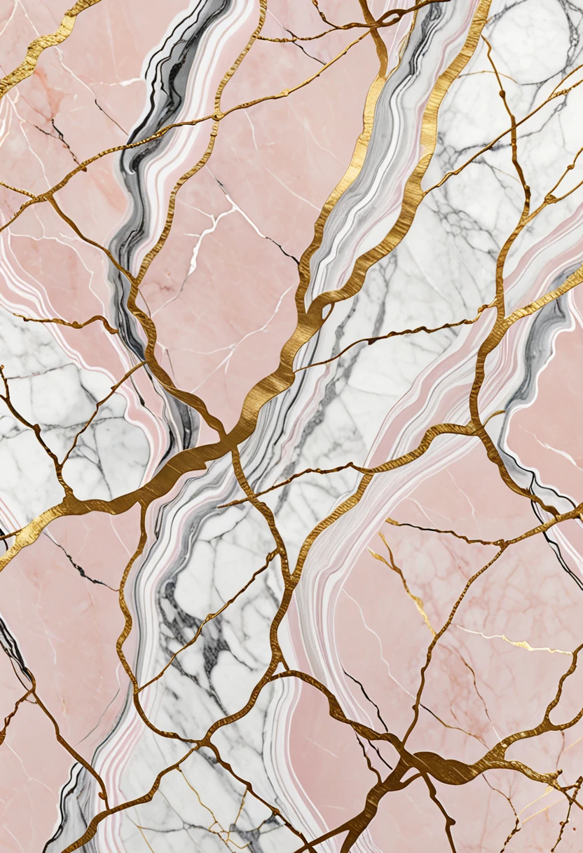 Patterns that imitate the texture of marble, giving a touch of luxury and sophistication. The design features pale pink marble with white and gold veins. The white and gold veins delicately intertwine against the pale pink background, creating a soft and elegant effect. The texture is refined and refined, capturing the natural beauty of marble. The neutral background highlights the soft tones and intricate details of the design, creating a look that exudes serenity and sophistication. This pattern is perfect for spaces seeking a delicate and elegant aesthetic, adding a touch of subtle luxury., Abstract expressionism, UHD, masterpiece, accurate, super detail, 16k