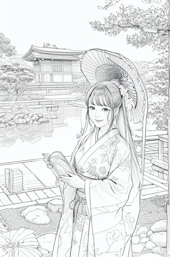 Please create a realistic ukiyo-e illustration of a cute, smiling woman in a kimono that conveys Japanese culture in various poses with (a Japanese garden in the background:1.5), using a simple black and white coloring book that even children can do. The illustration is a illustration with detailed facial features and cartoon-style visuals, (high contrast, sketch, monochrome, clean line drawings for coloring book:1.5)