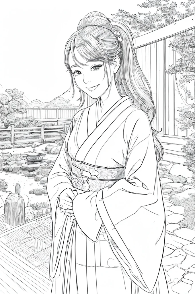 Please create a realistic ukiyo-e illustration of a cute, smiling woman in a kimono that conveys Japanese culture in various poses with (a Japanese garden in the background:1.5), using a simple black and white coloring book that even children can do. The illustration is a illustration with detailed facial features and cartoon-style visuals, (high contrast, sketch, monochrome, clean line drawings for coloring book:1.5)