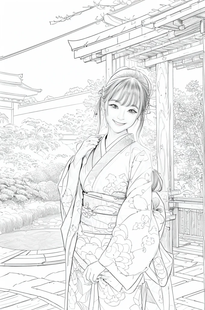 Please create a realistic ukiyo-e illustration of a cute, smiling woman in a kimono that conveys Japanese culture in various poses with (a Japanese garden in the background:1.5), using a simple black and white coloring book that even children can do. The illustration is a illustration with detailed facial features and cartoon-style visuals, (high contrast, sketch, monochrome, clean line drawings for coloring book:1.5)