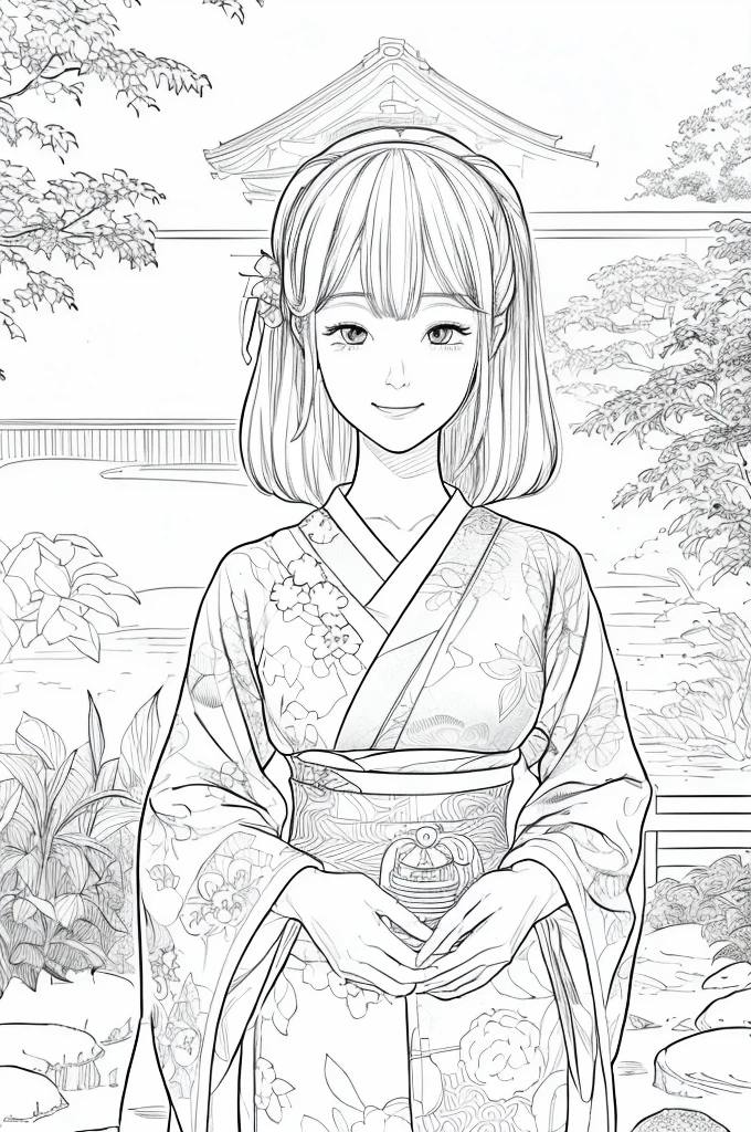 Please create a realistic ukiyo-e illustration of a cute, smiling woman in a kimono that conveys Japanese culture in various poses with (a Japanese garden in the background:1.5), using a simple black and white coloring book that even children can do. The illustration is a illustration with detailed facial features and cartoon-style visuals, (high contrast, sketch, monochrome, clean line drawings for coloring book:1.5)