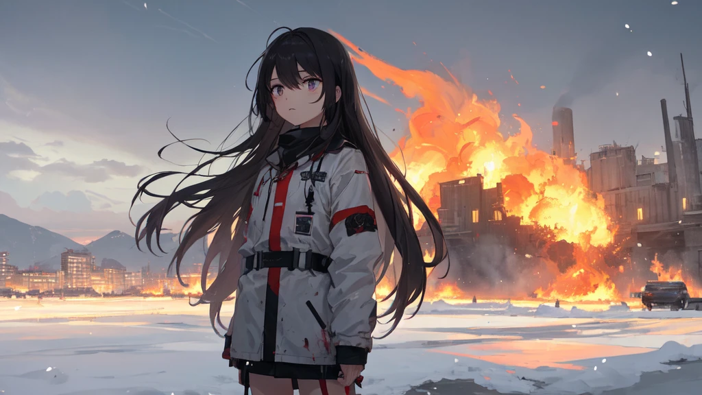 masterpiece:1.2), best quality , 独奏 ,pixiv, anime girl ，long straight white hair , black eyes ,Wearing off-white camouflage uniform ,ten years old，military fortress，(Eyes looking into the distance:1.3)，(look away:1.5)，snowy weather，dirty face，The background is a city in flames with blood on the forehead，dirty face，Backlight，Bare rocky peaks ,Fierce flames are burning，The expression is sad，Grit your teeth，The chariot is burning，Chinese modern city