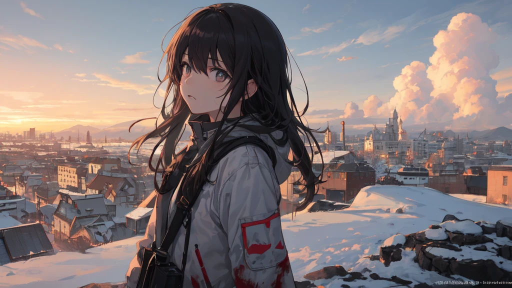 masterpiece:1.2), best quality , 独奏 ,pixiv, anime girl ，long straight white hair , black eyes ,Wearing off-white camouflage uniform ,ten years old，military fortress，(Eyes looking into the distance:1.3)，(look away:1.5)，snowy weather，dirty face，The background is a city in flames with blood on the forehead，dirty face，Backlight，Bare rocky peaks ,Fierce flames are burning，The expression is sad，Grit your teeth，The chariot is burning，Chinese modern city