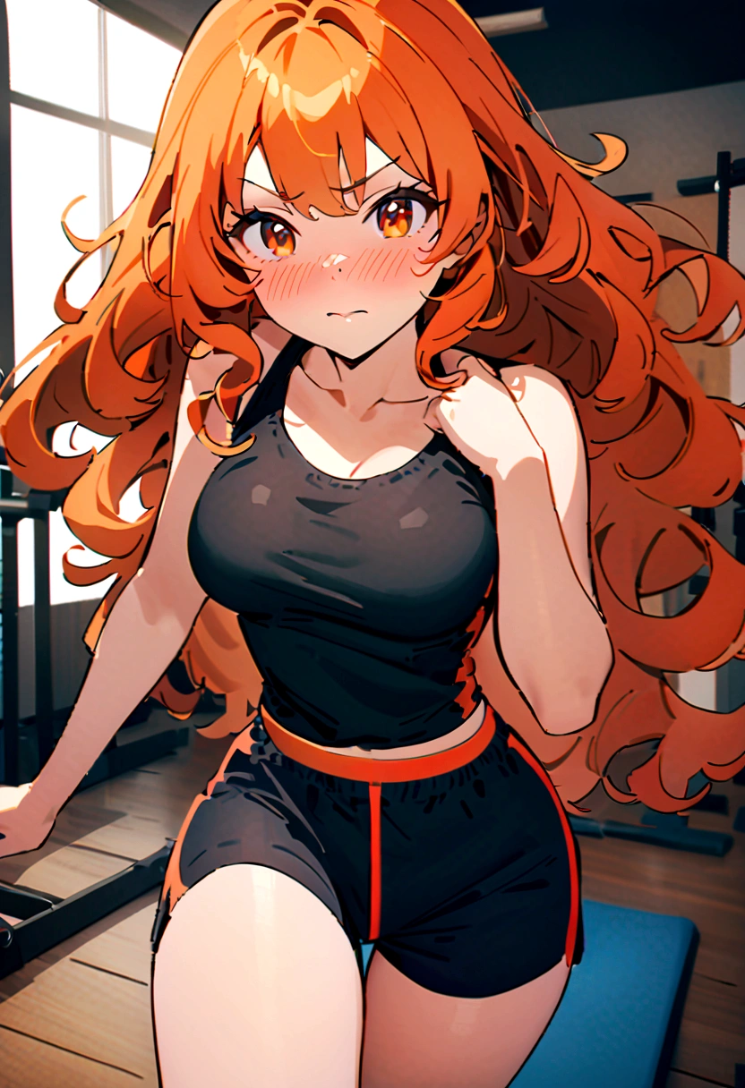 A beautiful woman, orange eyes, (Blushing Nose), detailedeyes, cinematic, 0.6 orange long curly hair, defined body, wearing boxer clothes (((super strong)), work of art, best qualityer, ultra detali, floor, background gym, eyeshadows, strong girl, anime girl