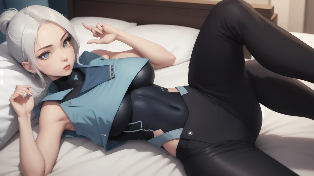 jett \(valorant\), blue cropped jacket, sleeveless, black bodysuit, black pants, 1girl,bed, hot, big tits, sexy figure