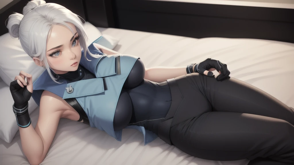 jett \(valorant\), blue cropped jacket, sleeveless, black bodysuit, black pants, 1girl,bed, hot, big tits, sexy figure