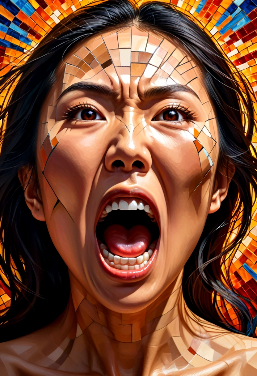 oil painting,Asian woman face(Only the face that opened its mouth very wide screamed in anger.),Something flew out of the mouth.,Explosion of body parts into 3D cubes , Mosaic art, masterpiece, bright colors, , Highly detailed, , fractal art, , 8K, geometric concept art, sharp line