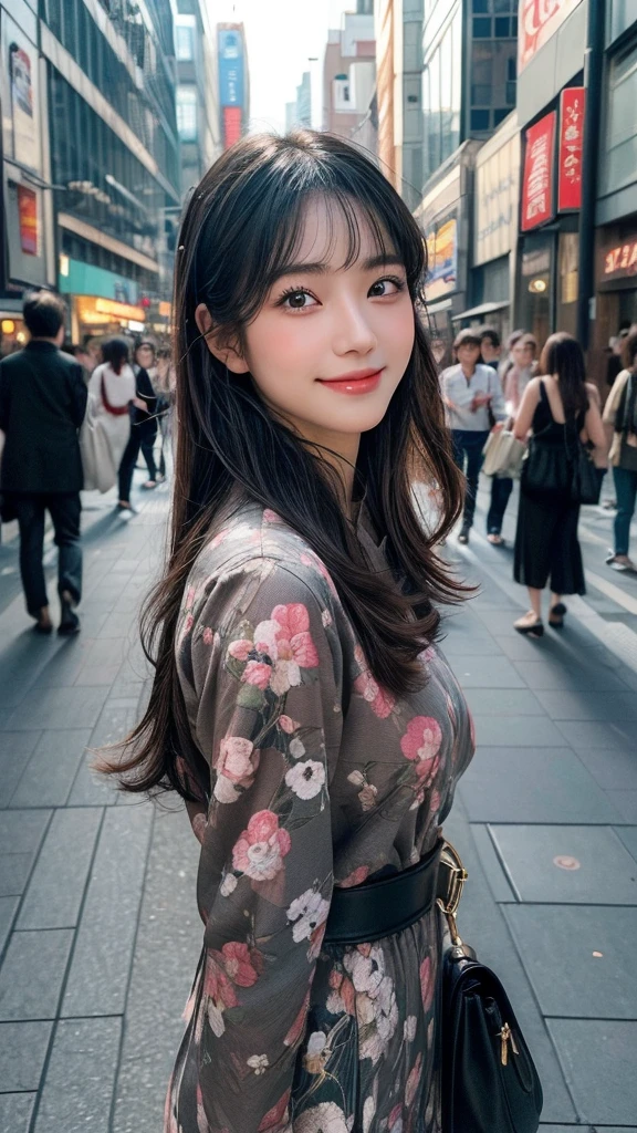 1 female,18 year old,smile:1.3,(BLACK eyes:1.3),((8K,masterpiece,Perfect Anatomy)),Cowboy Shot,(Beautiful and exquisite face and eyes,gorgeous eyes:1.3) , shoot from front,Black Hair:1.3,bangs,smile,blush,Small breasts,Tokyo street、((Background blur)),((ジャケット:1.3))、ウェーブヘアー ,Street Snap、Backlight:1.2