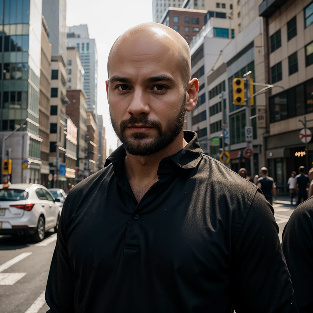 30 year old man. Ultra realistic. 4k. Bald. Bearded. Well dressed. Streets of new York. Head and shoulders. Muscular. Black shirt. Caucasian. 