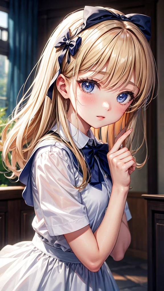 (Very delicate and beautiful: 1.2), 1 girl, Fashi girl, smooth, Beautiful eyes, bow, brown hair, gag, side, hair between the eyes, hair bow, short sleeve, looking at the audience, medium hair, alone, upper body, School uniform: 1.3, ((alone)), (Masterpiece), Blonde