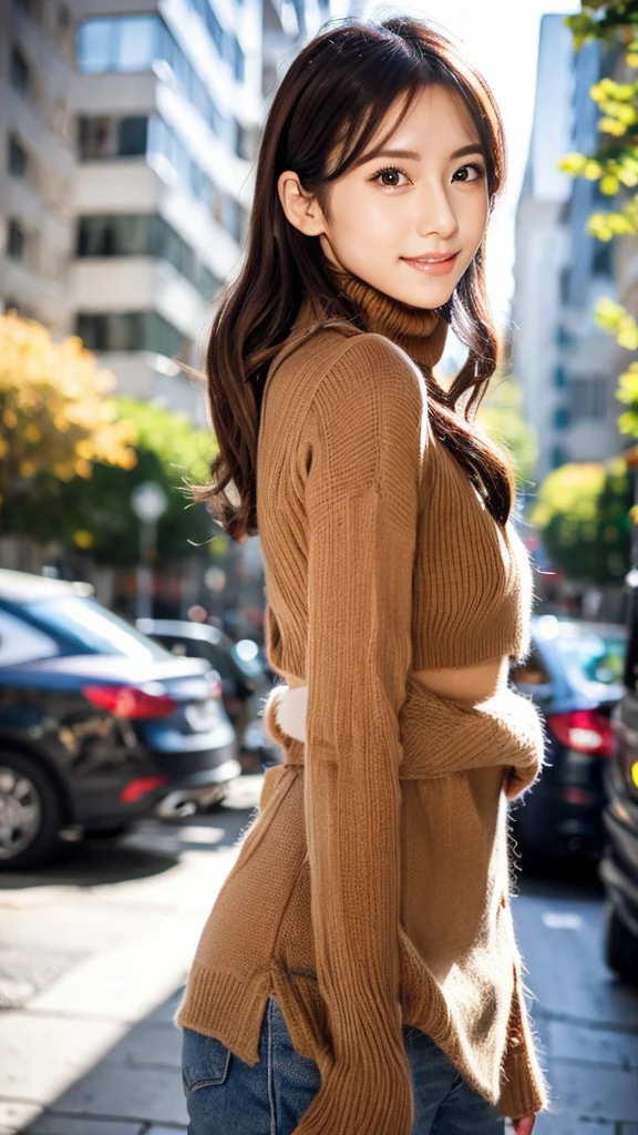 ((top-quality, in 8K, masterpiece:1.3)), Beautiful Japanese woman, perfect body:1.4, Slim abs:1.2, ((Medium Hair, straight haired:1.2)), (turtle neck:1.1), (a street:1.2), wetbody:1.5, Three-dimensional texture, A detailed eye, Brown hair, Very shiny hair, posterior view