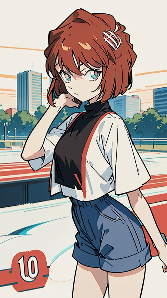 anime style, (1girl in, Solo:1.0), (Haibara Ai), ((Short pants)), (((Big eyes))), (Cute anime girl head), (flat chest),looking at viewer,With a height of 100cm, shoot from front, (head shot), Simple line minimalism, Abstract Art, City background, anime opening movie