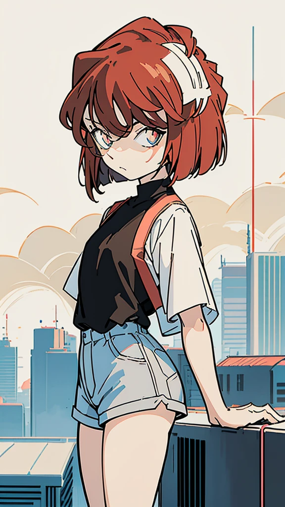 anime style, (1girl in, Solo:1.0), (Haibara Ai), ((Short pants)), (((Big eyes))), (Cute anime girl head), (flat chest),looking at viewer,With a height of 100cm, shoot from front, (head shot), Simple line minimalism, Abstract Art, City background, anime opening movie