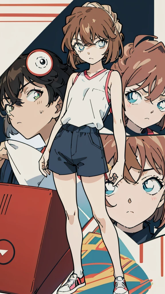 anime style, (1girl in, Solo:1.0), (Haibara Ai), ((Short pants)), (((Big eyes))), (Cute anime girl head), (flat chest),looking at viewer,With a height of 100cm, shoot from front, (head shot), Simple line minimalism, Abstract Art, City background, anime opening movie
