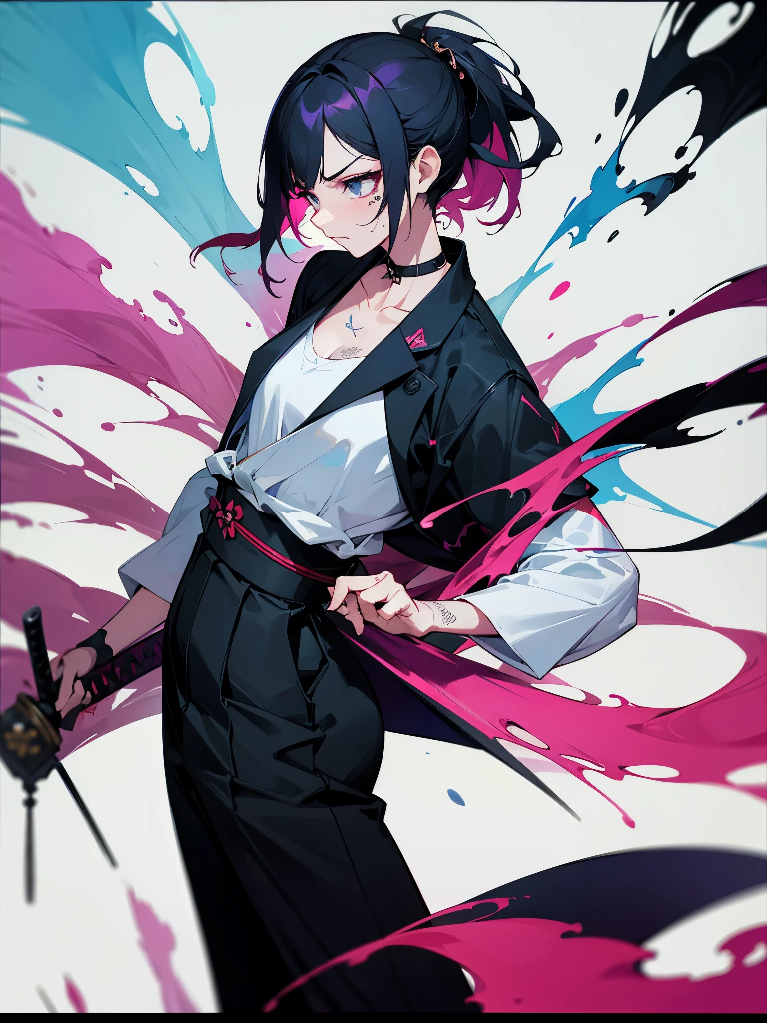 1 woman, wearing a stylish and edgy outfit, the color palette is mainly dark with splashes of vibrant colors, tailored white shirts, fashionable, woman, vibrant, outfit, colorful, accessory, majestic, sharp focus, modern, determined expression, closed one eye, disgusted face, embarrassed, Ink wash painting background, geometry tattoo, (cinematic), elaborate, holding japanese sword, katana, action pose, from side, collarbone,