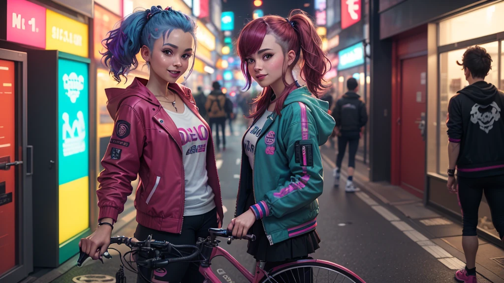 (Two smiling cyberpunk girls posing for a photo), (Highly detailed face), (((Colourful dyed hair styles, Cyberpunk Clothing, Stand in front of the bike, Neon Cyberpunk City Street, (Harajuku Tech Jacket with Logo m:1.2)))), Official Art, unity 8k wallpaper, Super detailed, beautiful, masterpiece, Highest quality, Realistic