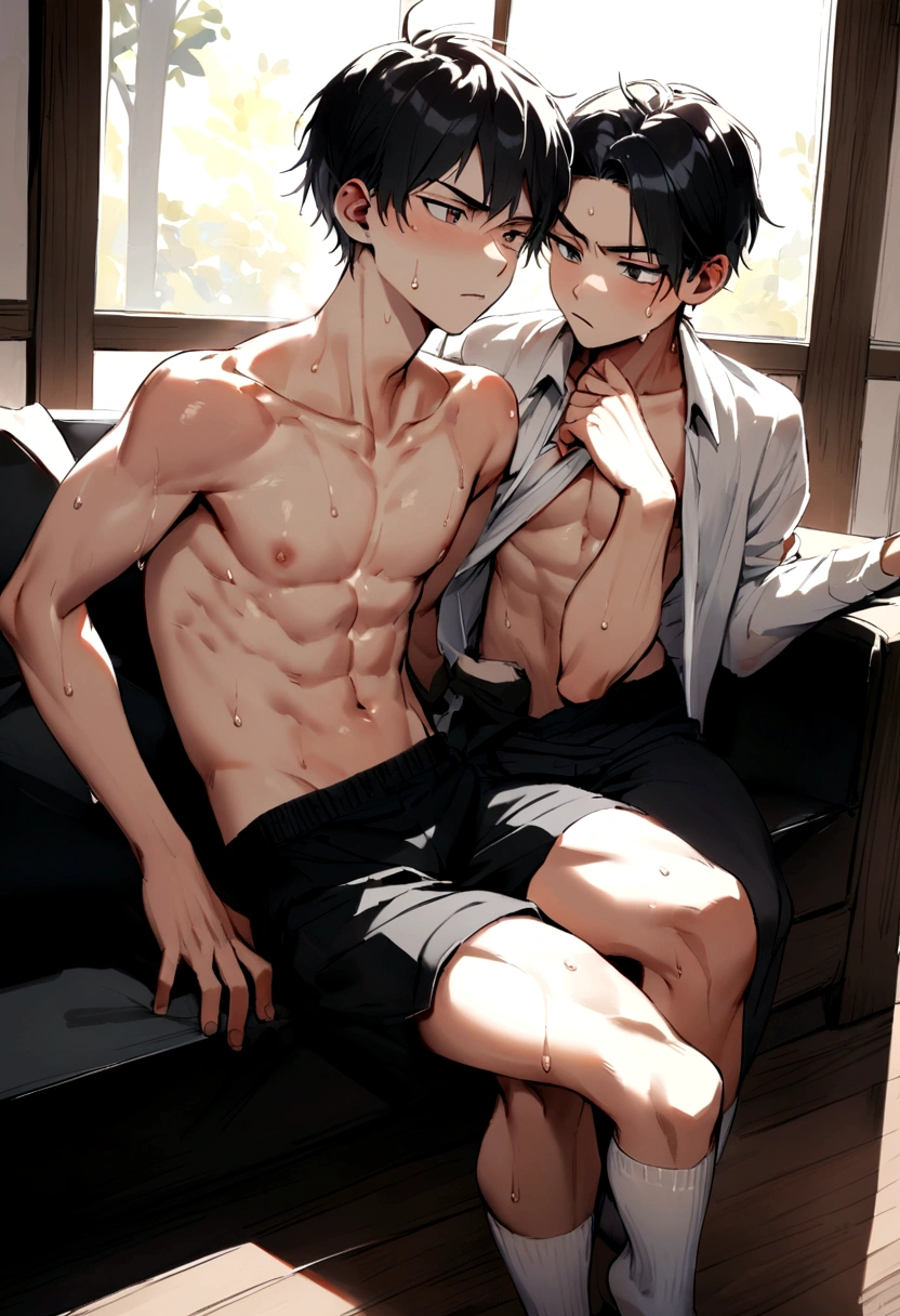 Thai men,,Take off your shirt.,Six pack,sweat,Wear a black blocker.,Wear white socks