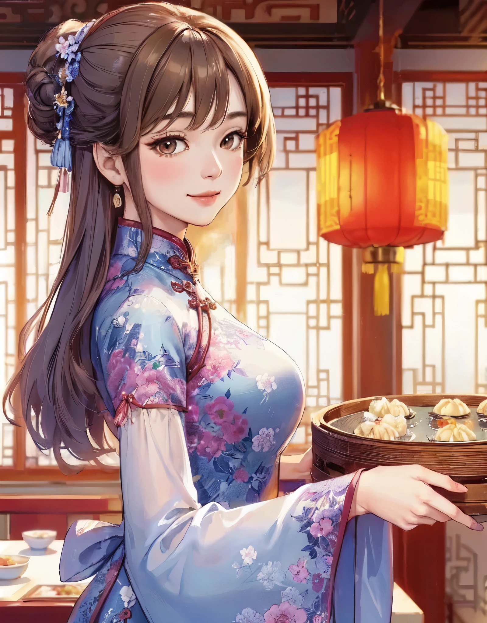 1lady solo, from side, standing, (elegant cheongsam) stylish floral, mature female, /(beige brown hair/) bangs, kind smile, (masterpiece best quality:1.2) delicate illustration ultra-detailed, large breasts, (holding tray with dim sum) BREAK (Chinese restaurant) indoors, dim sum, table, detailed background