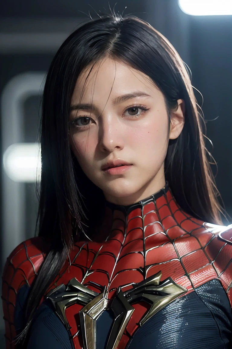 high quality, detailed girl, flawless skin, beautiful detailed eyes, beautiful detailed lips, extremely detailed face and portrait, longeyelashes, 18 years old, spiderman armor, advanced technology, futuristic, glowing armor, dynamic pose, dramatic lighting, cinematic, epic, intricate details, hyperrealistic, 8k, photorealistic, dslr, sharp focus, studio lighting