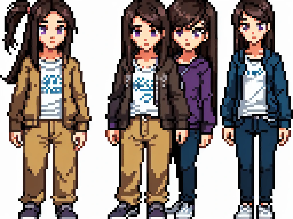 A woman, a girl, 20 years old, a downtrodden girl, a tired girl, a confused girl, an uncertain pose, black hair, brown hair. eyes with a transition from blue to purple, dark hair, anime style, 4k image, full body, white background, list of characters, short stature, modern appearance. Character design scheme, all the details have been worked out, front view, back view, modern clothes, full-fledged clothes, baggy clothes, cheap clothes, detailed face, character design scheme, whole body, many details, front view, back view, very detailed, deep, elaborated facial expression